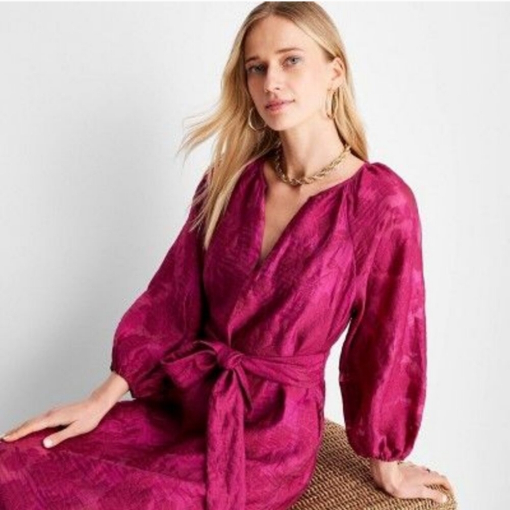 Future Collective Puff Sleeve Floral Maroon Midi Dress - Jenny K. Lopez Sz-XL - Picture 2 of 6